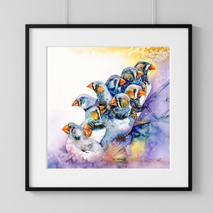 Zebra Finches Art Print Watercolor Birds Colorful Australian Zebra Finch Chestnut-Eared Finch Passerine Orange Purple Exotic Nursery Decor