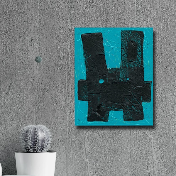 Abstract Black Teal Rabbit Original Canvas Chinese Zodiac Lunar New Year of the Rabbit 2023 Lucky Good Luck Minimalist Simple Bunny Hare Art