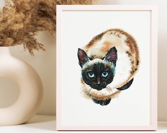 Seal Point Siamese Cat Portrait Wall Art Print Watercolor Painting Cat with Blue Eyes Pets Feline Christmas Gift for Cat Lover Siamese Cats