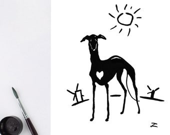 Galgo Español Spanish Greyhound Art Print Black Sighthound Dog Ink Drawing Diadelgalgo Greyhound Mom Dad Parent Picasso Don Quixote Style