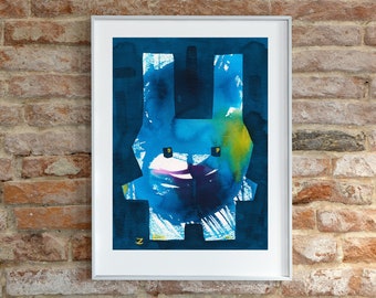Abstract Rabbit Original Ink Watercolor Painting Cute Whimsical Bunny Wall Art Decor Colorful Animals Pets Kids Room Artworks Modern Gifts