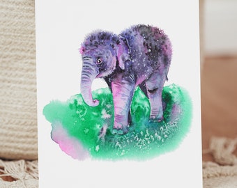 Cute Baby Elephant 5 x 7" Art Print Baby Animals Nursery Kids Room Decor Purple Elephant Calf Watercolor Elephant Wildlife Purple and Green