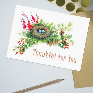 Automne Joyeux Thanksgiving Merci Merci pour vous 5 x 7 « Cartes plates Ensemble de 3 bois d’automne Nid d’oiseaux Baies rouges Églantiers Pommes de pin Glands
