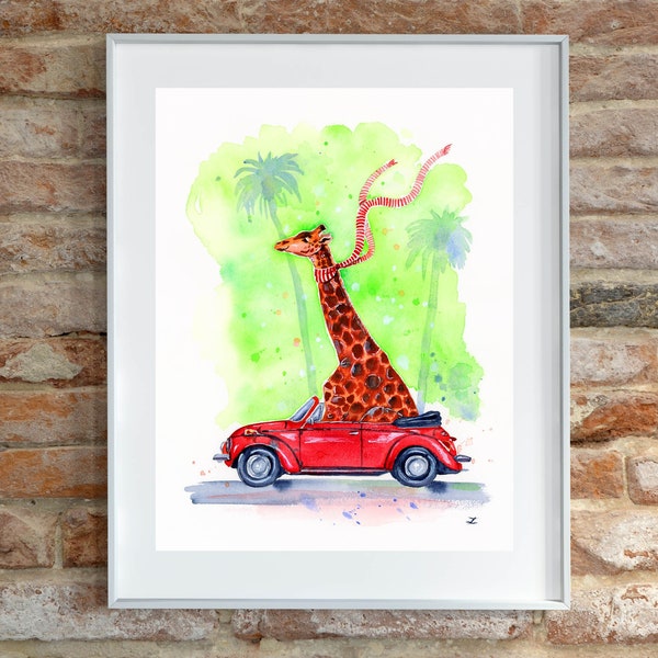 Colorful Giraffe in Red Volkswagen Beetle Art Print Funny Driving Whimsical Giraffes Kids Room Nursery Decor Christmas Giraffe Lovers Gift