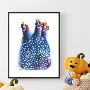 Guinea Fowls Wall Art Print Three Guineas Hens Chickens Guineafowl Pintade Pearl Hen Gleany Poultry Rustic Farmhouse Art Decor Funny Birds