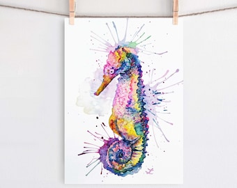 Colorido caballito de mar 5 x 7 "Art Print Rainbow Sea-horse Ocean Underwater Life Wildlife Nautical Marine Nursery Kids Room Decor Lindo caballito de mar