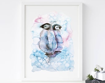 Baby Penguins Wall Art Print Penguin Watercolor Painting Nursery Kids Room Decor Penguin Chicks Nestlings Christmas Art Cute Winter Birds