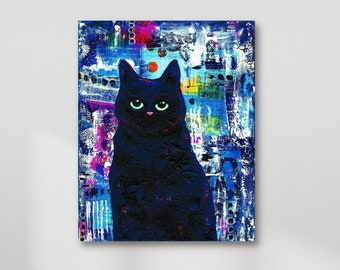 Black Cat Colorful Abstract Background Original Acrylic Painting Cats Feline Portrait Spooky Black Cat Lover Black Cat Mom Gifts Halloween