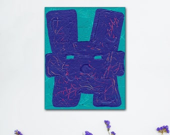 Abstract Purple Teal Rabbit Original Painting on Canvas Lucky Bunny Minimalist Simple Kids Room Decor Animal Pets Wall Art Cute Whimsical