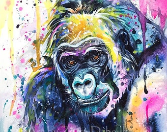 Colorful Gorilla Wall Art Print Wildlife Animals Watercolor Painting Gorillas Ape Colorful Animals Gorilla Portrait Africa Bold Colors Art