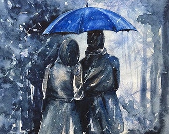Blue Umbrella Art Print Park Romantic Couple Love Watercolor Painting Walking People Rain Romance Fall Autumn Valentines Day Gift Family Art