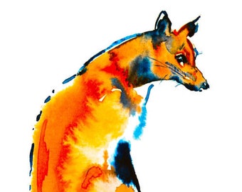 Red Fox 5x7 Art Print Watercolor Painting Wildlife Sitting Fox Colorful Foxes Orange and Black Wild Animals Woodland Nature Illustration Art