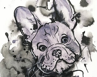 Lilac Frenchie Wall Art Print Cute French Bulldog Portrait Pets Dog Watercolor Dogs Frenchie with Bowtie Grey Purple French Bulldog Decor