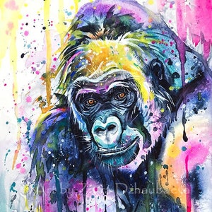 Colorful Gorilla Wall Art Print Wildlife Animals Watercolor Painting Gorillas Ape Colorful Animals Gorilla Portrait Africa Bold Colors Art 画像 1