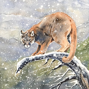 Cougar Original Watercolor Painting Wildlife Art Puma Christmas Hunter Gifts Mountain Lion Winter Tree Snow Mountains Log Cabin Wall Decor