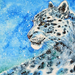 Snow Leopard Original Watercolor Painting Ounce Big Cats Leopard Wall Art Wildlife Animals Panthera Uncia Winter Animals Snow Leopards Art