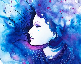 Lady Winter Wall Art Print Female Portrait Woman Face Romantic Girl Blue Hair Lips Eyelashes Beauty Snowflakes Seasonal Watercolor Painting