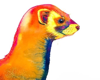 Polecat Wall Art Print Colorful Wildlife Animals Ferret Woods Wild Animals Gifts for Hunters Orange and Blue Watercolor Painting Polecat Art