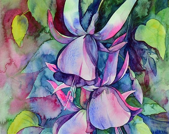 Fuchsia Flowers Original Watercolor Painting - Purple Green Floral Garden Botanical Summer Gardening Blossom