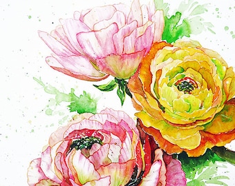 Ranunculus flores impressão de arte de parede botões de ouro pintura em aquarela floral plantas botânicas decoração de flores coloridas presentes de jardim para jardineiros