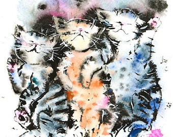 Lindos gatitos durmientes Impresión de arte de pared Acuarela Atigrado Gatos Gatito Pintura Felina Lindo Bebé Animales Mascotas Niños Dormitorio Guardería Decoración Obras de arte