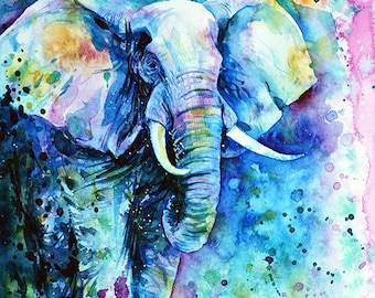 象のオリジナル水彩画 鼻を上にしたカラフルな象 幸運の象 風水象