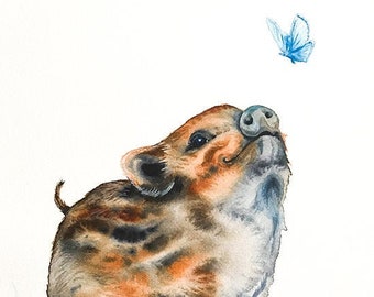 Wild Boar Piglet and Butterfly Art Print Cute Brown Pig Nursery Kids Room Decor Wildlife Baby Animals Woodland Babies Watercolor Painting