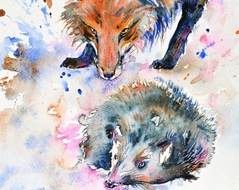 Hedgehog and Fox Wall Art Print Watercolor Painting Red Fox Hunting Foxes Wildlife Colorful Animals Fox Eyes Nature Rustic Woodland Decor