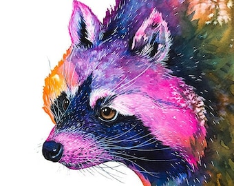 Colorful Raccoon Wall Art Print Watercolor Painting Wild Animals Wildlife Cute Animals Kids Room Nursery Art Decor Bold Colors Purple Orange