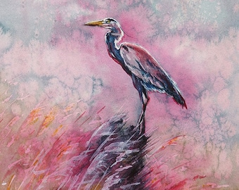 アオサギの絵画、オリジナルの水彩画、湿地や池の水鳥の絵画、鳥の
