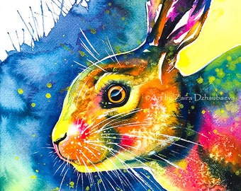 Colorful Hare Original Watercolor Painting Rabbit Bunny Wall Art Wildlife Animals Vibrant Bold Colors Nursery Kids Room Decor Orange Blue