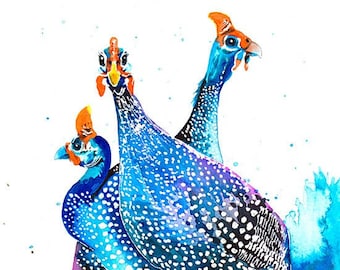 Guinea Fowls Wall Art print Guinea fowl Guinea hen Chicken Farm birds Watercolor painting Colorful birds Funny birds Blue birds Rustic Birds