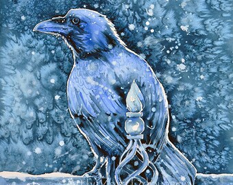 Raven Art Print Birds of Prey Blue Bird Railing Crow Winter Gothic Spirit Art Watercolor Painting Snow Nature Wildlife Metal Look Spiritual