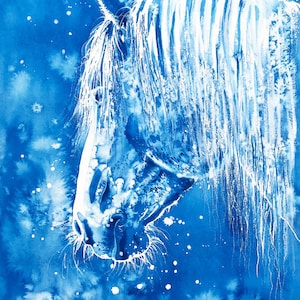White Horse on blue Original Watercolor Painting Equestrian Wall Art Mustang Long Mane Ranch Farm Stable Animals Peaceful Christmas Gifts