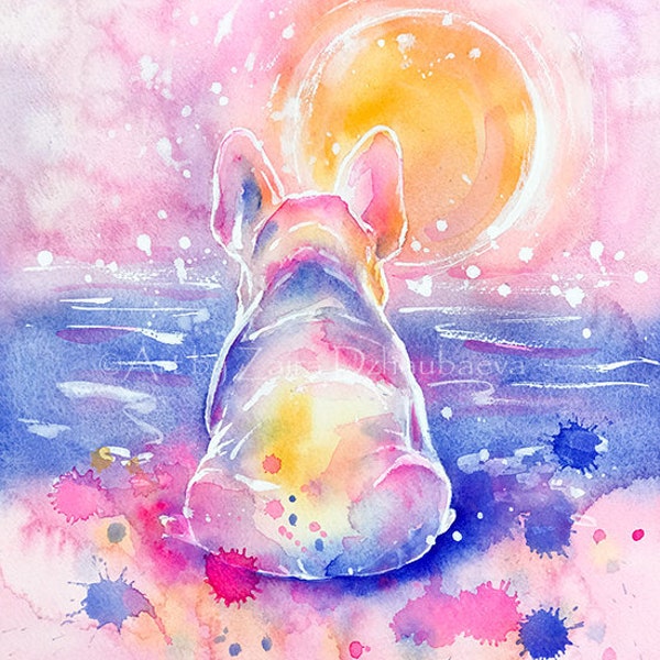 French Bulldog Wall Art Print Frenchie Watercolor Painting Puppy Dog Pink Yellow Blue Coastal Dogs Sunset Sunrise Beach Nursery Kids Room