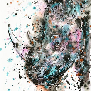 Buntes Nashorn Wandkunst Druck Aquarell Nashorn Malerei Splatter Wildlife Animals Paint Splash Afrika Kinderzimmer Dekor Mutige Kunst