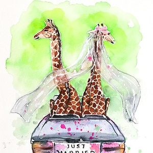 Just Married Giraffes Art Print Colorful Giraffe Wedding Veil Car Driving Whimsical Bride and Groom Giraffes Animals Funny Watercolor Art