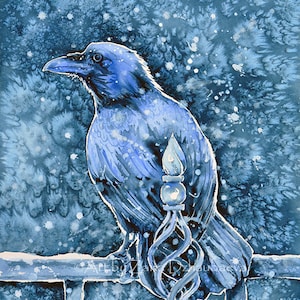 Raven Art Print Birds of Prey Blue Bird Railing Crow Winter Gothic Spirit Art Watercolor Painting Snow Nature Wildlife Metal Look Spiritual