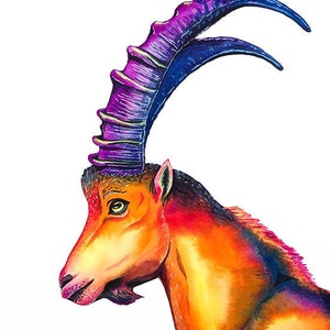 Alpine Ibex Original Watercolor Painting Colorful Wall Art Orange Purple Blue Wild Goat Wildlife Animals Horns Capricorn Capra Steinbock