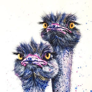 Ostriches Art Print Ostrich Watercolor Painting Wildlife Funny Birds Wall Art Ostrich Farm Ostrich Decor Ostrich Artwork Grey Purple Yellow