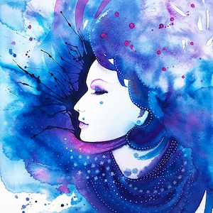 Lady Winter Wall Art Print Female Portrait Woman Face Romantic Girl Blue Hair Lips Eyelashes Beauty Snowflakes Seasonal Watercolor Painting