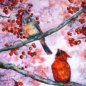 Weihnachten Kardindinäle Wandkunst Druck Winter Kardinal Vogelpaar Rote Vögel Weißdorn Baum Rote Beeren Weihnachten Aquarell Kunst