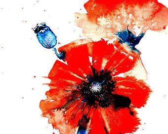 私の庭の赤いポピーの縦のグループ水彩複製 - Etsy 日本