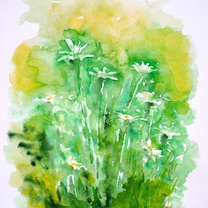 Daisies Original watercolor painting Delicate white flowers Daisy wall art Floral Summer Garden Nature Green Eco Happy Botanical Relaxing