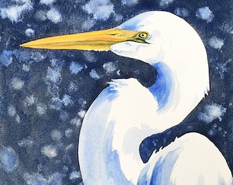 Reiher Original Aquarell Malerei Reiher Wandkunst Silberreiher Vogel Weiße Vögel Wildtiere Aquarell Silberreiher Schnee Natur Kunst Wasservögel