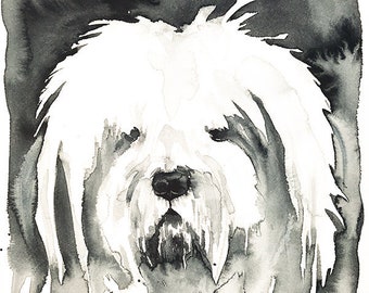 Bobtail Dog Wall Art Print Old English Sheepdog Watercolor Painting Portrait Herding Dog White Fluffy Puppy Cute Nursery Kids Room Decor Art