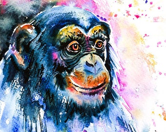 水彩画のチンパンジーのアートプリント - ストイックな動物画 - Etsy 日本