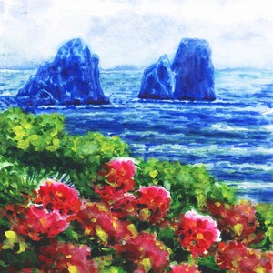 Capri Faraglioni Art Print Italy Watercolor Painting Tyrrhenian Sea Sorrento Peninsula Coastal Home Decor Seascape Red Flowers Geraniums Art