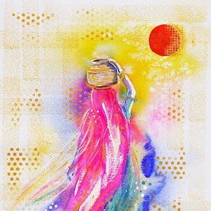 May include: A watercolor painting of a woman in a pink and green sari carrying a pot on her head, walking towards a large red sun in a yellow sky. The background is a colorful abstract pattern.