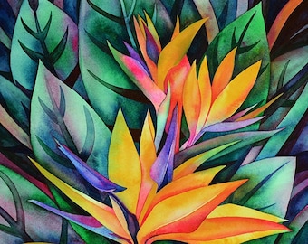 Può includere: Un dipinto ad acquerello di un fiore di uccello del paradiso con petali vibranti di colore arancione, giallo e blu. Il fiore è circondato da lussureggianti foglie verdi.